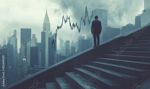 Businessman on concrete stairs, New York skyline. Falling forex diagram