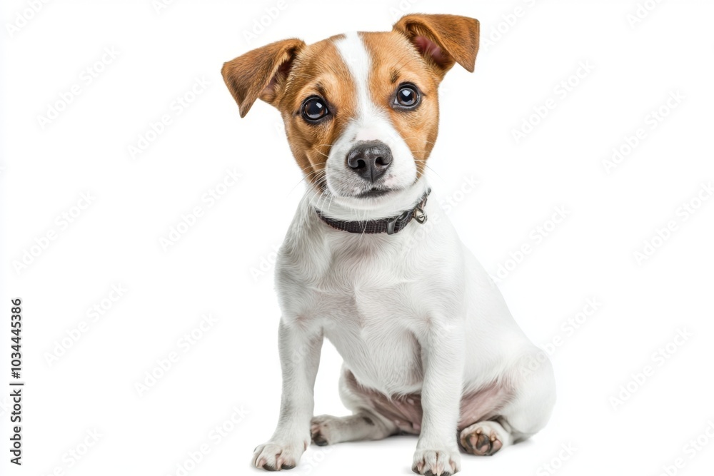Cute puppy sitting and looking playfully at the camera isolated on white background