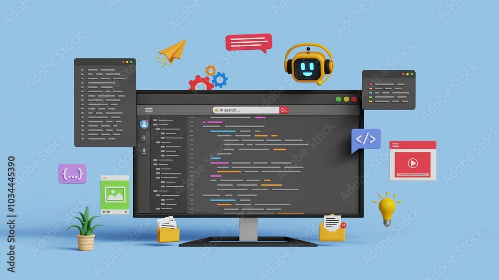 AI code assistant or web development. AI software technology. Software development or coding process concept. 3D smart robot help to write code. Coding UI screen on 3d computer. 4K 3D animation