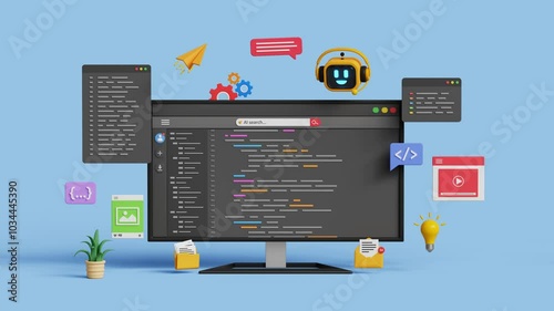 AI code assistant or web development. AI software technology. Software development or coding process concept. 3D smart robot help to write code. Coding UI screen on 3d computer. 4K 3D animation