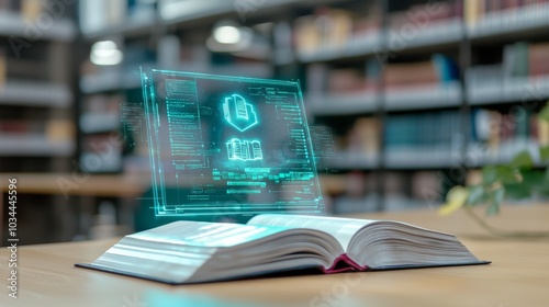 An illustration of the transition from traditional books to digital formats is illustrated on a laptop, emphasizing the digitization of education. photo