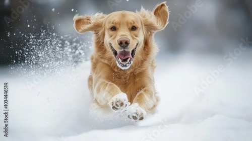 Dog playing in the snow, joyfully bounding through a winter landscape