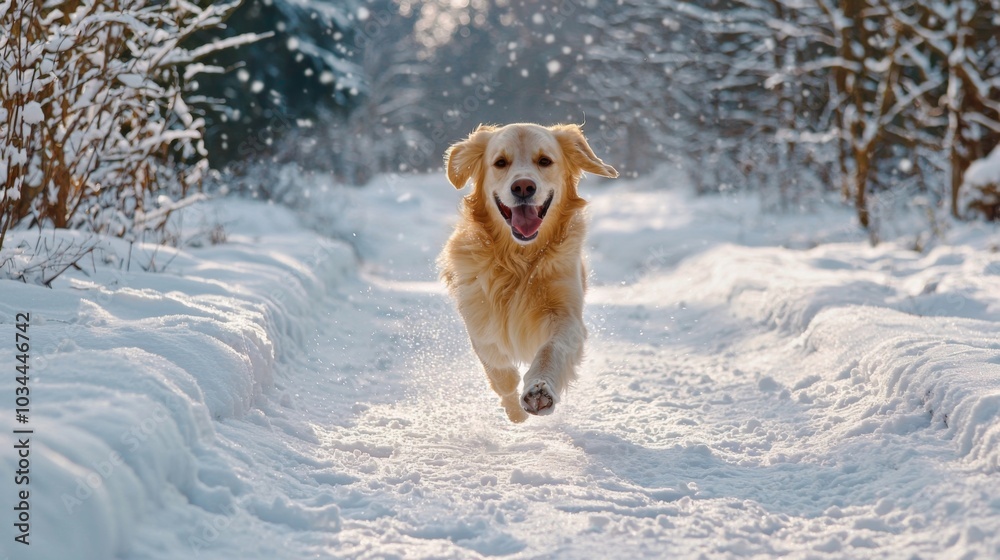 Dog playing in the snow, joyfully bounding through a winter landscape Dog playing in the snow, joyfully bounding through a winter landscape