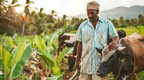 Indian farmer walking and taking care of his cow in a field photo