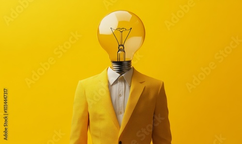 Character with a lightbulb head in a yellow suit on a yellow background