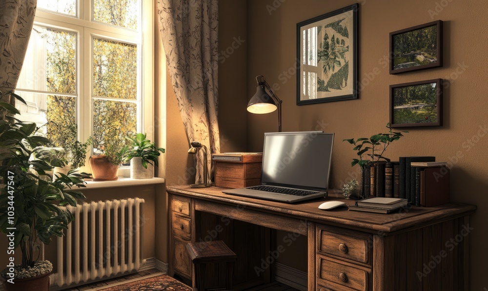 Fototapeta premium Capturing a cozy home office corner with a rustic wooden desk, a laptop computer