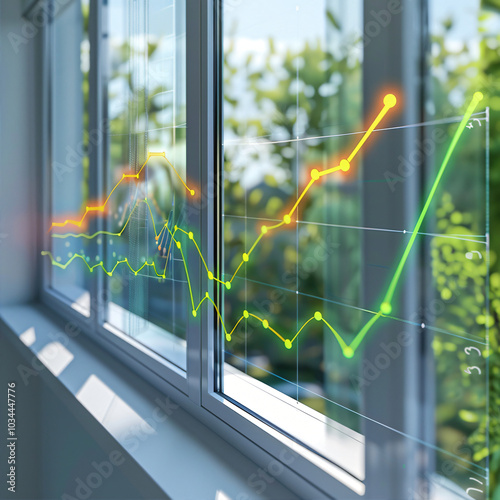 Holographic graph on the background of the window, thermal bridges, thermal losses in windows, lack of thermal insulation continuity.
graph showing the increase in better insulation of houses