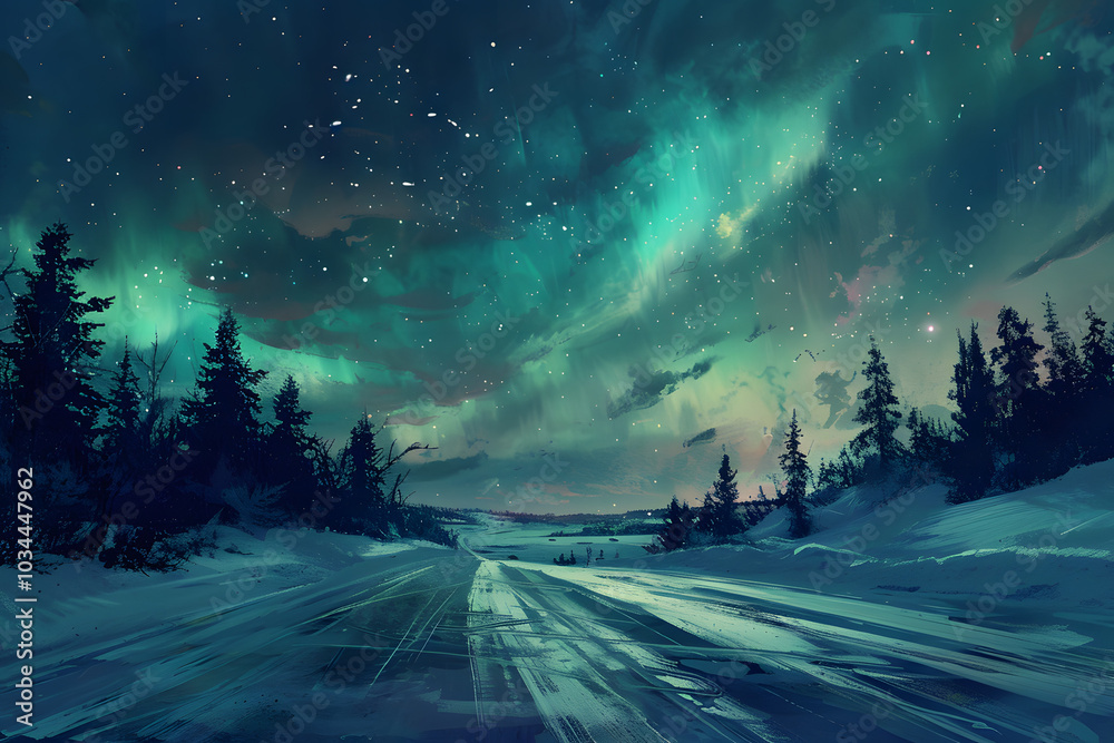 Fototapeta premium Northern lights over snowy road. High quality photo