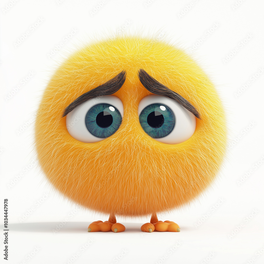 Pelziger gelber Emoji mit großen Augen, der auf weißem Hintergrund traurig aussieht Pelziger gelber Emoji mit großen Augen, der auf weißem Hintergrund traurig aussieht