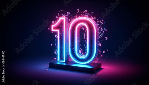3d render, number ten glowing in the dark, pink blue neon light