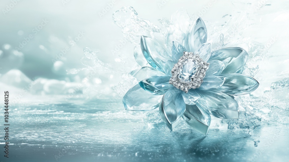 Blue Flower with Gemstone in Water Splash Blue Flower with Gemstone in Water Splash