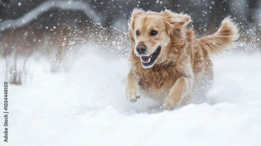 Dog playing in the snow, joyfully bounding through a winter landscape Dog playing in the snow, joyfully bounding through a winter landscape