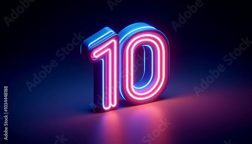 3d render, number ten glowing in the dark, pink blue neon light