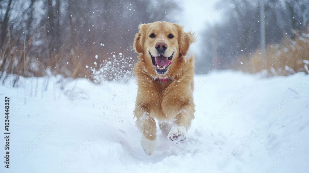 Dog playing in the snow, joyfully bounding through a winter landscape Dog playing in the snow, joyfully bounding through a winter landscape