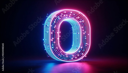 3d render, number zero glowing in the dark, pink blue neon light