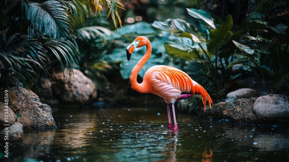 Fototapeta premium Elegant flamingo standing gracefully in shallow water