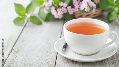 Cup of Herbal Tea on Wooden Table with Pink Flowers in Background, Fresh and Relaxing Scene with Copy Space, Perfect for Wellness, Tea Time, and Natural Lifestyle Concepts