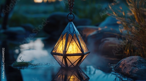 Glowing Lantern Pendant by Still Water at Dusk