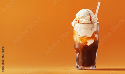 Cold root beer float with vanilla ice cream on an orange background photo