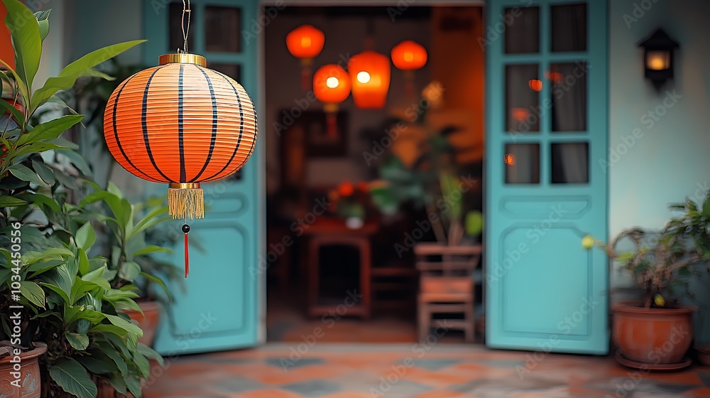 Traditional orange and red chinese paper lanterns hanging outside a house Traditional orange and red chinese paper lanterns hanging outside a house