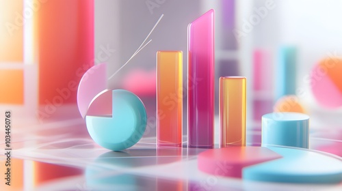 
lying composition 3d icon, UI icon, a chart icon, bar chart has a rising arrow on it, bar chart, pie chart, a rising arrow, frosted glass, transparent, white background, transparent technology sense