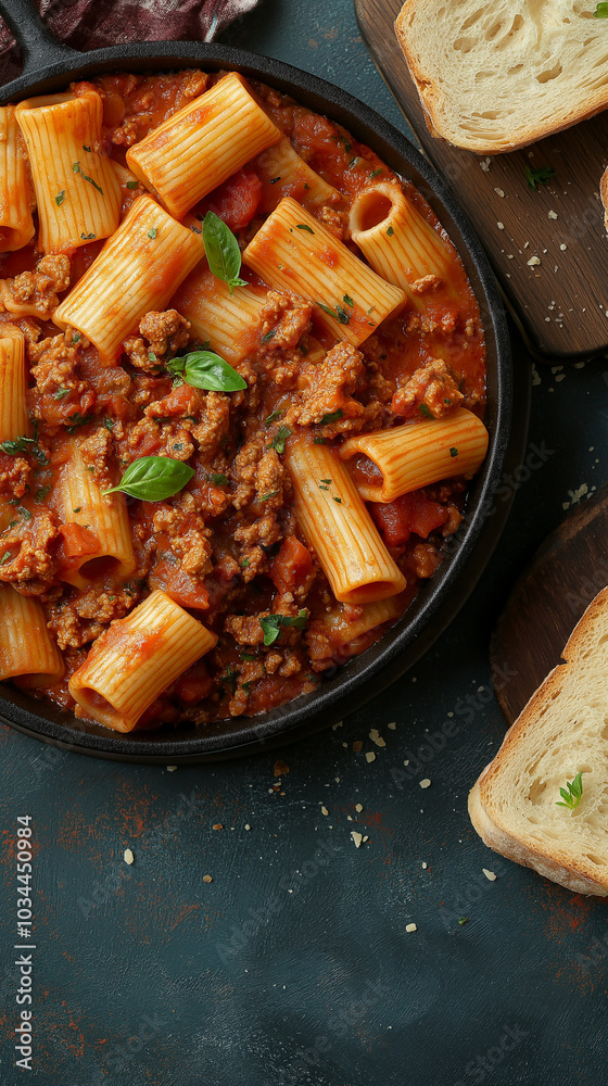 Rigatoni with meat sauce vertical