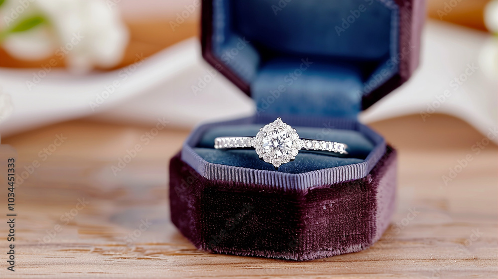 Diamond engagement ring in luxury box with floral background and elegant design Diamond engagement ring in luxury box with floral background and elegant design