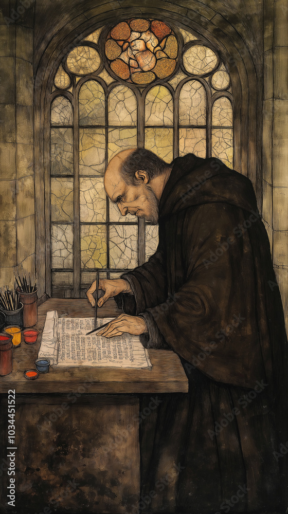 A cleric in a hooded robe works on handwritten documents