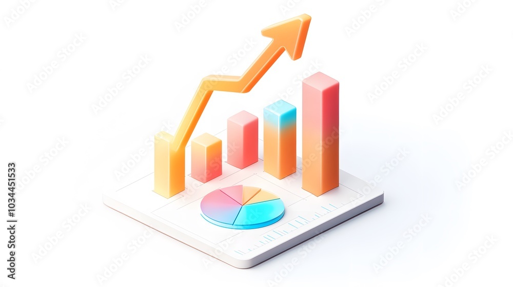 
lying composition 3d icon, UI icon, a chart icon, bar chart has a rising arrow on it, bar chart, pie chart, a rising arrow, frosted glass, transparent, white background, transparent technology sense