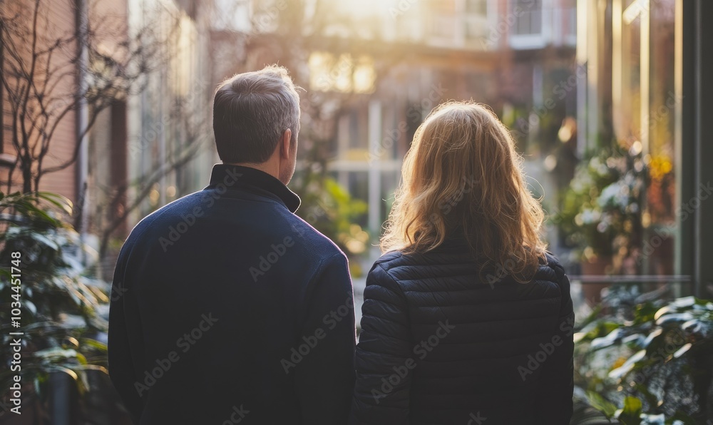 Couple exploring real estate options while seeking a new home in a bustling urban environment during a chilly afternoon Couple exploring real estate options while seeking a new home in a bustling urban environment during a chilly afternoon