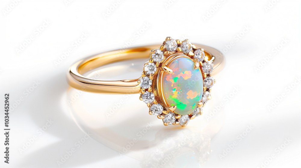 Gold gemstone ring with opal center and diamond accents showcasing elegant jewelry design Gold gemstone ring with opal center and diamond accents showcasing elegant jewelry design