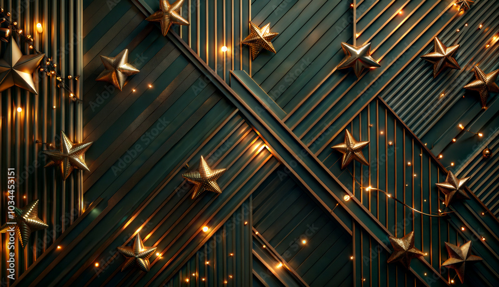 Fototapeta premium dark green new year background with golden stars and garlands, Christmas, New Year