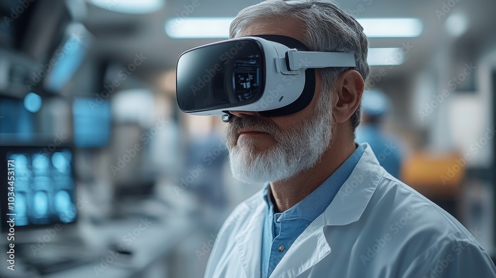 An elderly man dons a virtual reality headset in a modern medical research lab, immersed in a technology-based study aimed at enhancing healthcare solutions. An elderly man dons a virtual reality headset in a modern medical research lab, immersed in a technology-based study aimed at enhancing healthcare solutions.