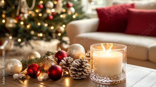 Close-up of Christmas lights on a coffee table next to a couch in the living room