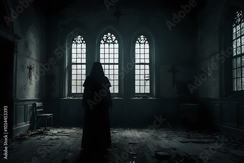 nun possessed by the devil in an abandoned abbey, demon appearing as a nun in a haunted monastery, scary silhouette of a nun in a church, horror wallpaper