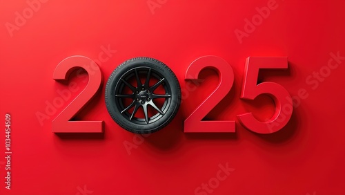 The red background shows the numbers 2025 and the wheel of the car instead of zero. Suitable for Happy New Year greetings. Car sales. Car repairs. Tire service.