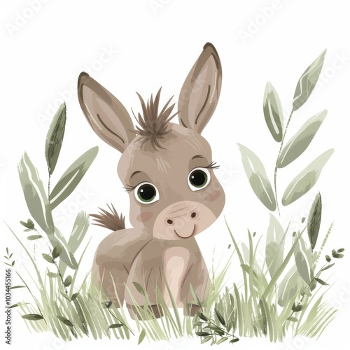 A cute Donkey cub, surrounded by blades of grass on white background