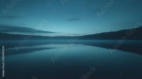 Tranquil night over a still lake reflecting starry sky and surrounding forest landscape