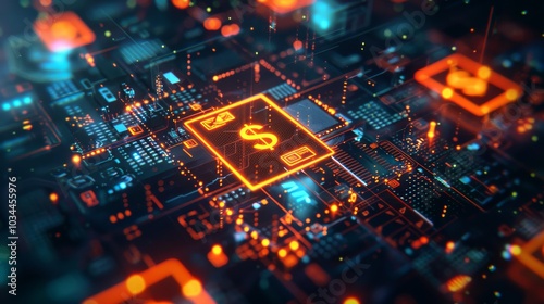 A digital wallet icon surrounded by glowing, futuristic currency symbols, floating against a sleek