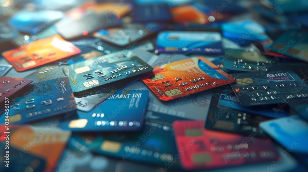 A pile of scattered credit cards with different designs A pile of scattered credit cards with different designs