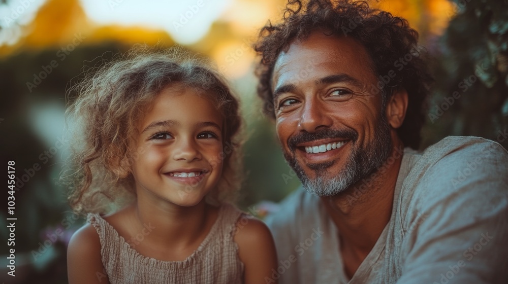 A father smiles broadly while sitting with his daughter, who beams with joy. They enjoy a beautiful outdoor setting at sunset, highlighting their close bond. A father smiles broadly while sitting with his daughter, who beams with joy. They enjoy a beautiful outdoor setting at sunset, highlighting their close bond.