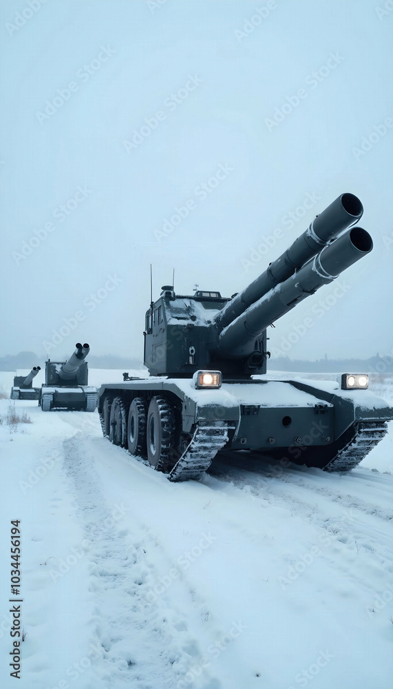 Heavy artillery vehicles maneuvering through snowy terrain, showcasing military strength and resilience. A powerful image ideal for defense, warfare, and winter operations themes.
