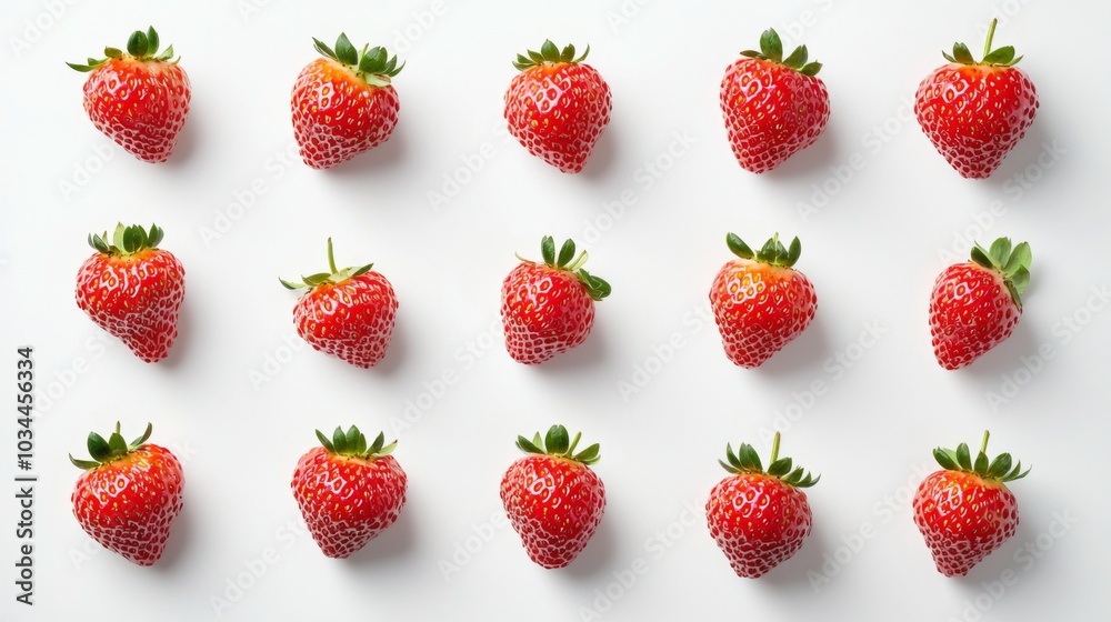 Fresh, ripe strawberries arranged artistically on a white background Fresh, ripe strawberries arranged artistically on a white background
