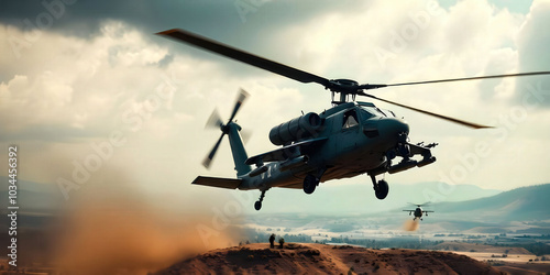 A dramatic image of a helicopter gunship in flight, showcasing its agility and firepower. Perfect for military themes, aviation enthusiasts, and defense technology discussions