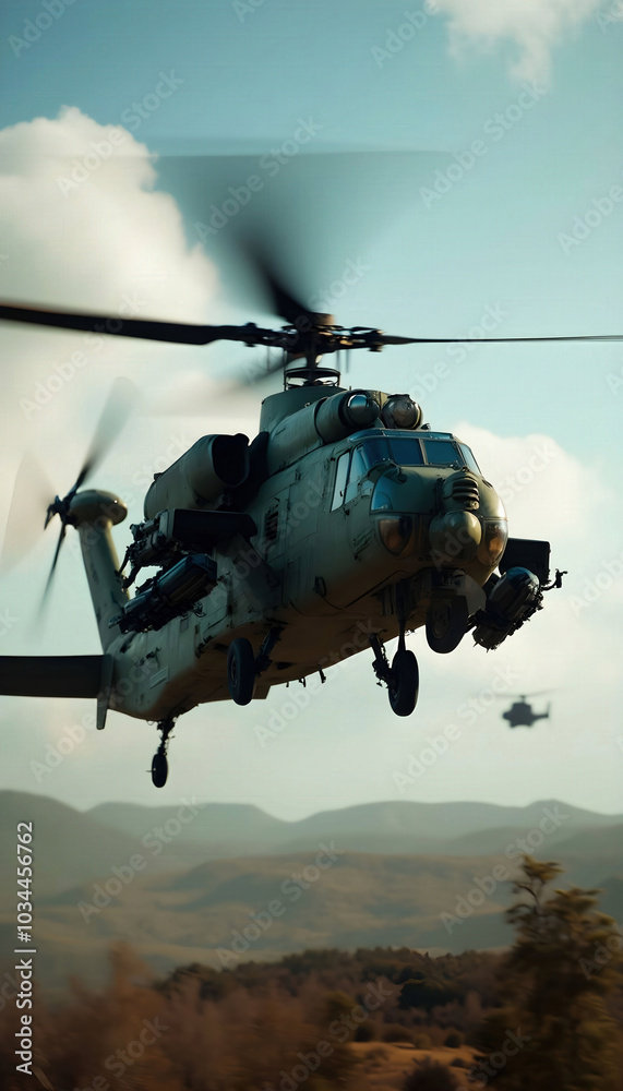 A dramatic image of a helicopter gunship in flight, showcasing its agility and firepower. Perfect for military themes, aviation enthusiasts, and defense technology discussions A dramatic image of a helicopter gunship in flight, showcasing its agility and firepower. Perfect for military themes, aviation enthusiasts, and defense technology discussions
