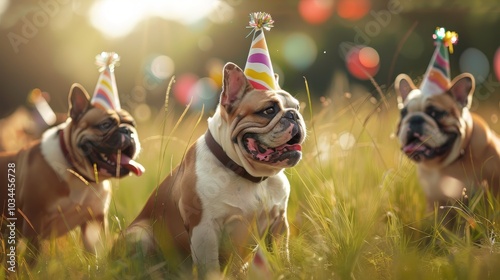 A cute dog wearing a party hat, he is having a birthday party with his other dog friends photo