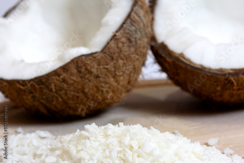 Dehydrated coconut flakes in the foreground