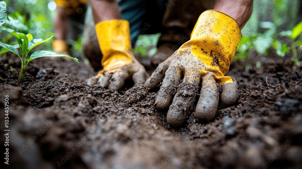 Obraz premium A gardener kneels on the ground, carefully planting seedlings in the moist, dark soil. The surrounding greenery flourishes under the warm sun, showcasing a vibrant garden atmosphere