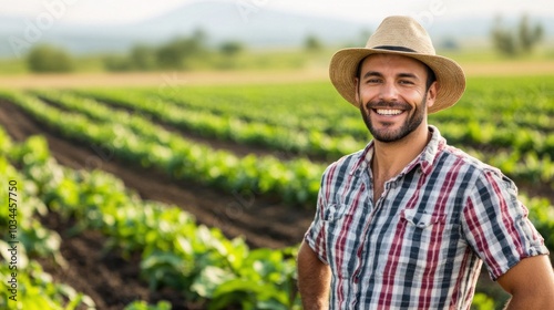 A farmer expresses happiness while standing among lush green crops. The bright sun shines down, highlighting the well-tended field and the farmer's attire