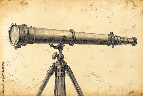 Antique telescope on tripod, vintage nautical theme
